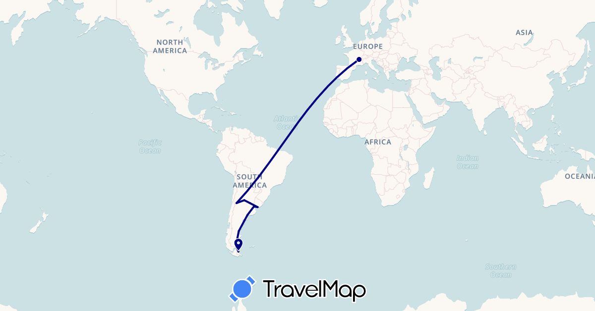 TravelMap itinerary: driving in Argentina, France, Uruguay (Europe, South America)